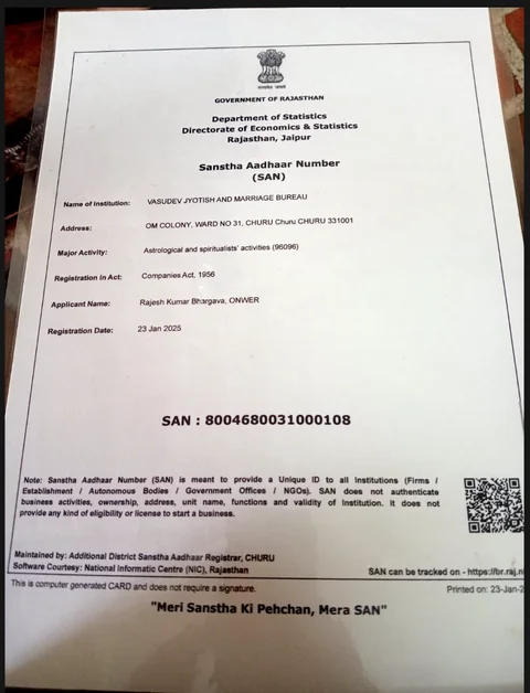 Sanstha Aadhaar Number certificate issued by the Government